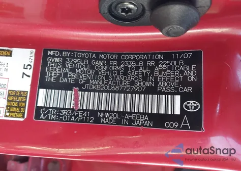 2008 Toyota Prius z USA, uszkodzony, nr VIN JTDKB20U687727907
